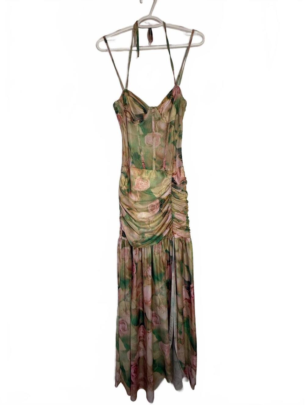 Floral Ruched Spaghetti Strap Maxi Dress Size S